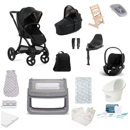 Egg 3 Pushchair & carrycot in houndstooth black, complete with all babies essential including car seat, tripp trapp highchair, crib and bath.