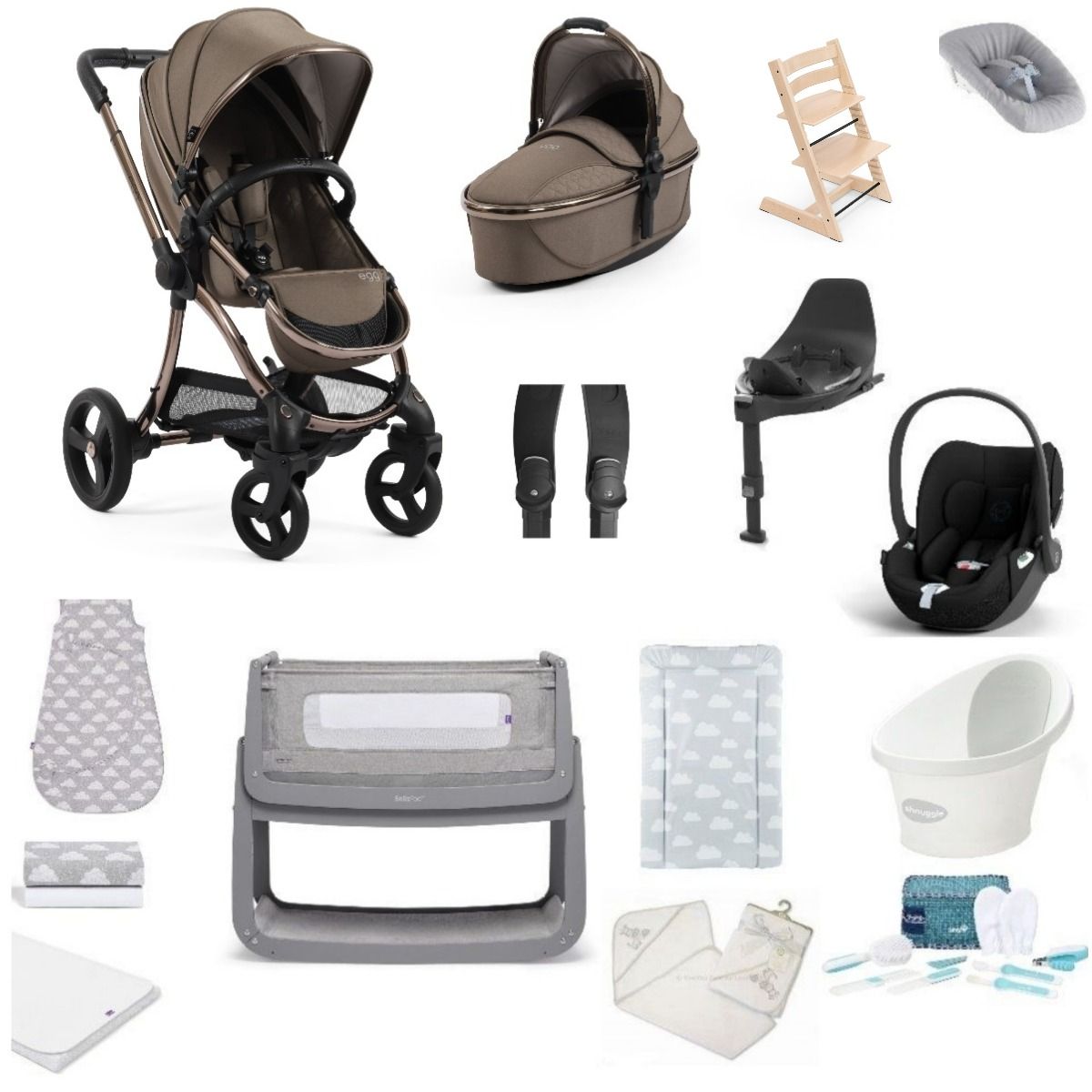 Egg 3 Pushchair & carrycot in mink, complete with all babies essential including car seat, tripp trapp highchair, crib and bath.