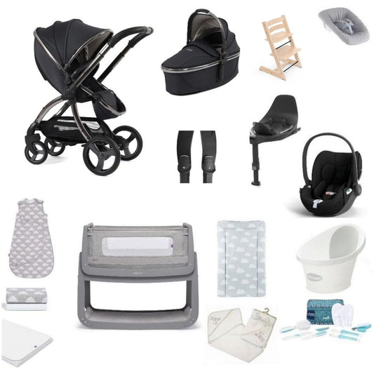 Egg 3 Pushchair & carrycot in carbonite, complete with all babies essential including car seat, tripp trapp highchair, crib and bath.