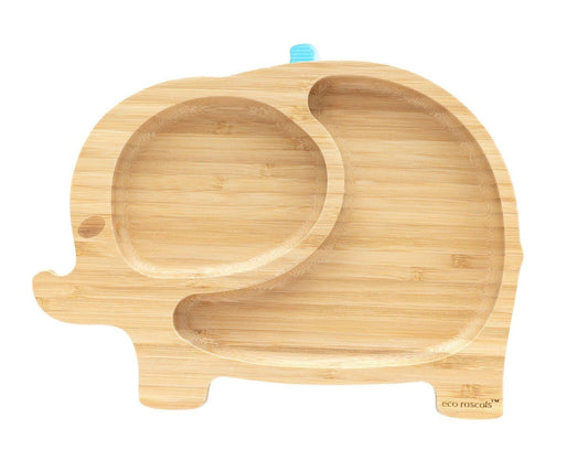 Eco rascals bamboo elephant plate with pale blue suction base.