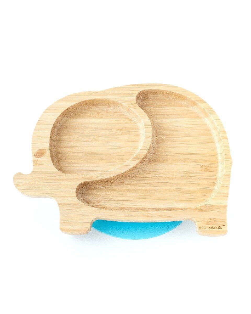 Eco rascals bamboo elephant plate with pale blue suction base.