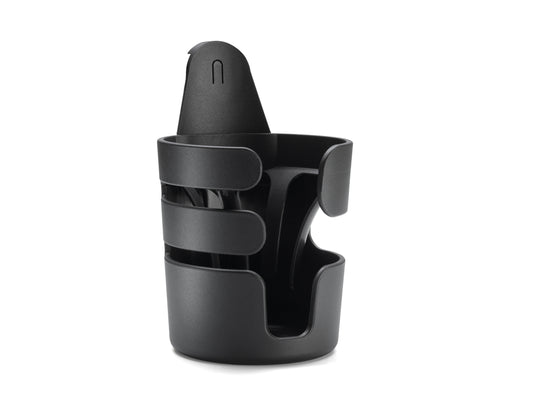 Bugaboo cup holder in black, easily attaches to a pram for on-the-go convenience