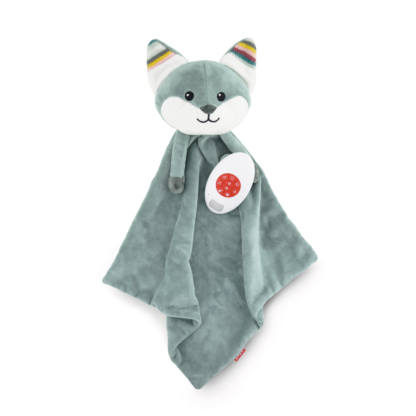 A teal fox baby comforter with a sound box.