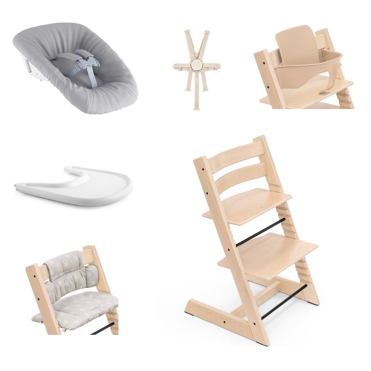 Stokke Tripp Trapp  wooden Highchair with newborn set,baby set, tray, harness and cushion.