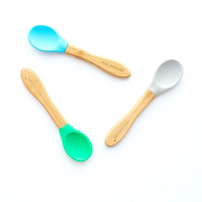 Eco rascals bamboo spoon set in grey, green and pale blue.