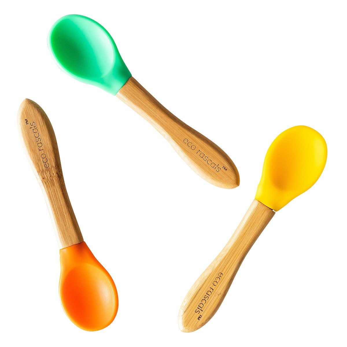 Eco rascals bamboo spoon set in orange, green and yellow.