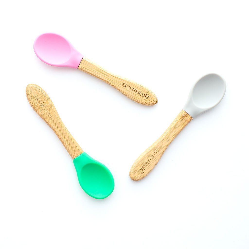 Eco rascals bamboo spoon set in pink, green and grey.