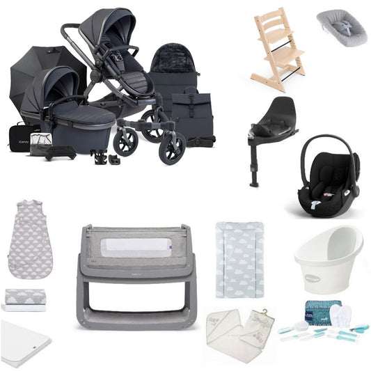 Icandy All Terrain Pushchair & carrycot in Storm Grey, complete with all babies essential including car seat, tripp trapp highchair, crib and bath.