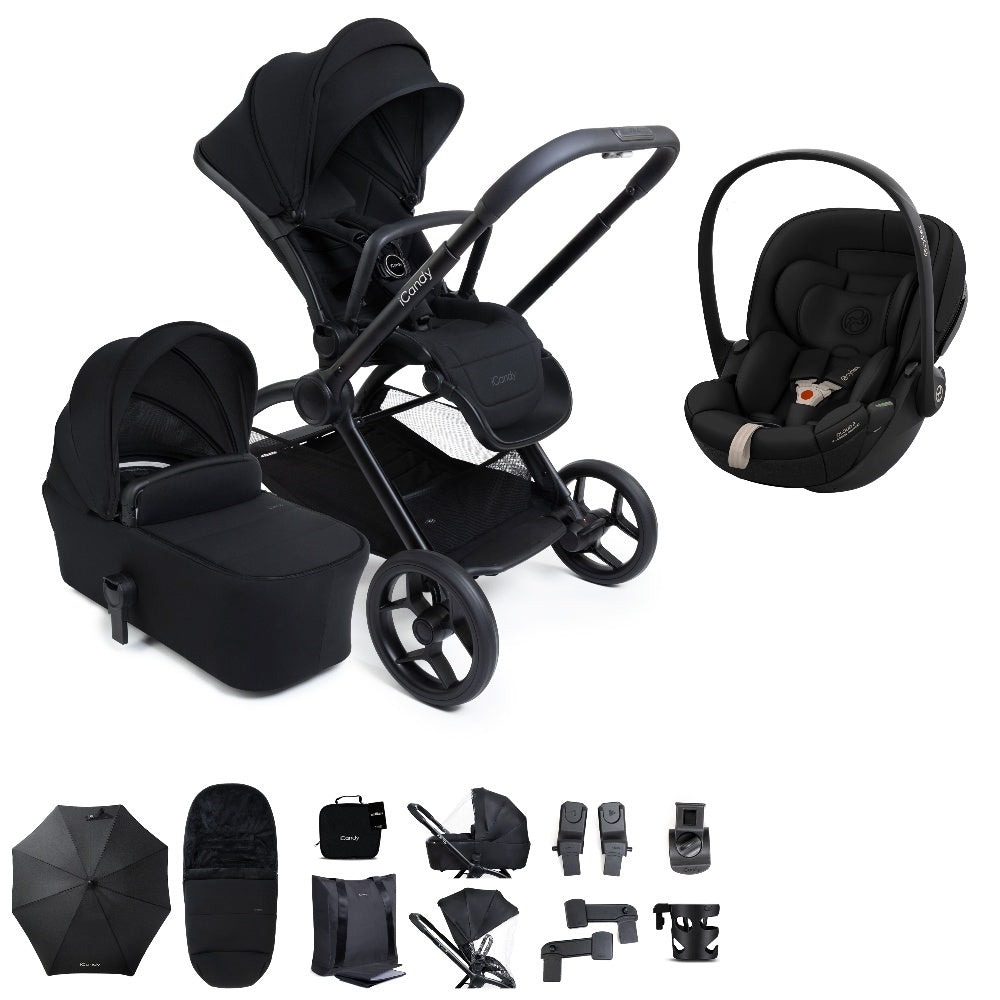 iCandy core 2 travel system copmlete with matching accessories in black colour, and cybex cloud s car seat.