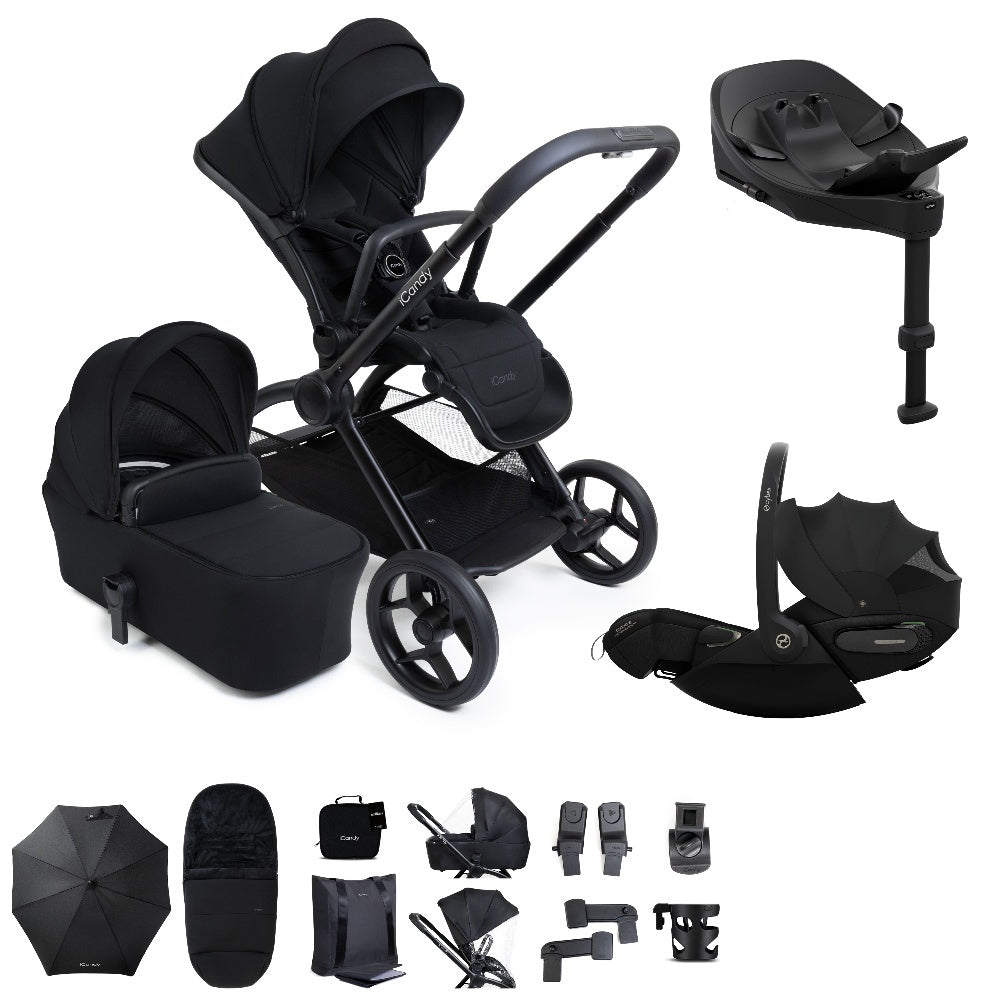 iCandy core 2 travel system copmlete with matching accessories in black colour, and cybex cloud s car seat and isofix base.