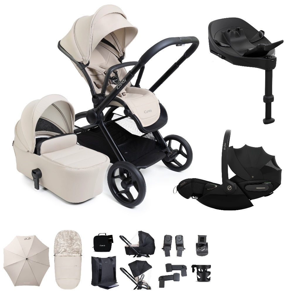 iCandy core 2 travel system copmlete with matching accessories in sandstone beige colour, and cybex cloud s car seat and isofix base.