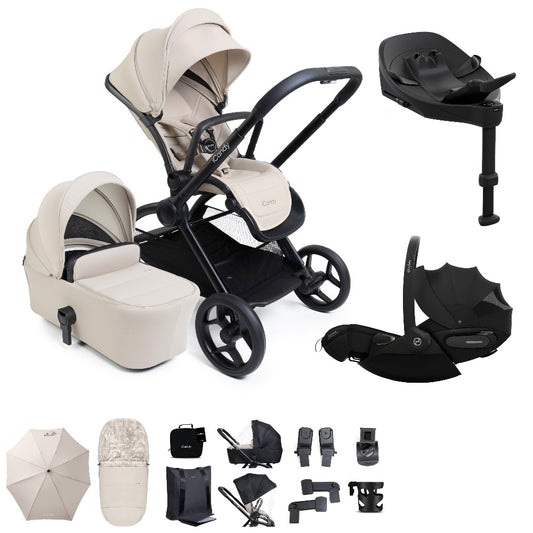 iCandy core 2 travel system copmlete with matching accessories in sandstone beige colour, and cybex cloud s car seat and isofix base.