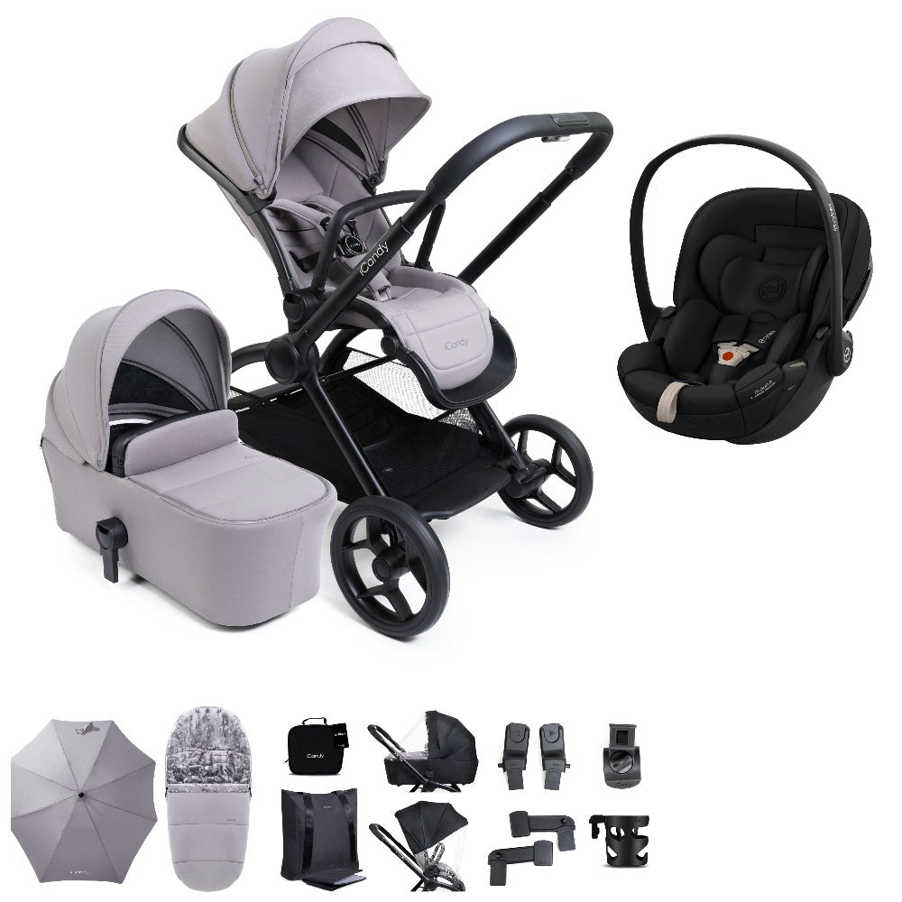 iCandy core 2 travel system copmlete with matching accessories in storm grey colour, and cybex cloud s car seat.