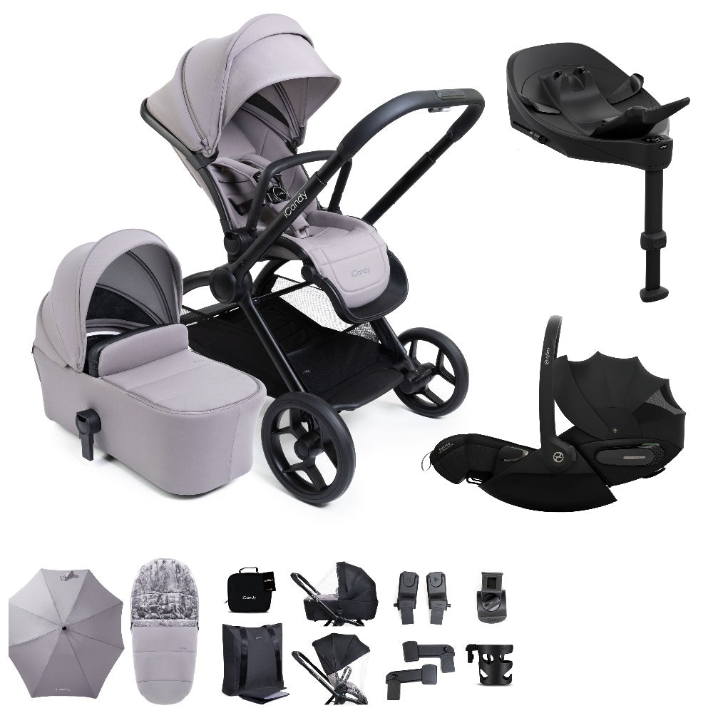 iCandy core 2 travel system copmlete with matching accessories in storm grey colour, and cybex cloud s car seat and isofix base.