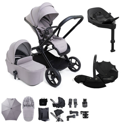 iCandy core 2 travel system copmlete with matching accessories in storm grey colour, and cybex cloud s car seat and isofix base.