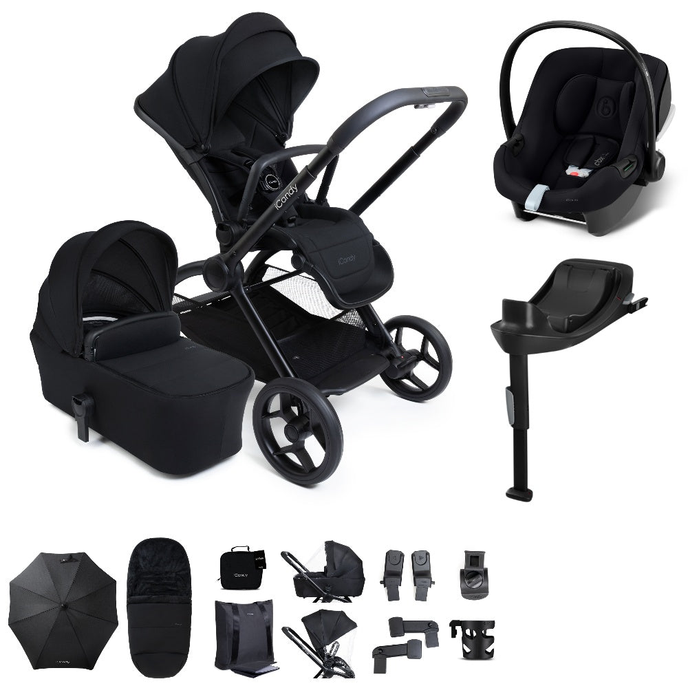 iCandy core 2 pushchair and accessory bundle in black colour way with aton b2 car seat and base.