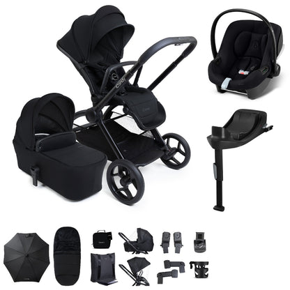 iCandy core 2 pushchair and accessory bundle in black colour way with aton b2 car seat and base.