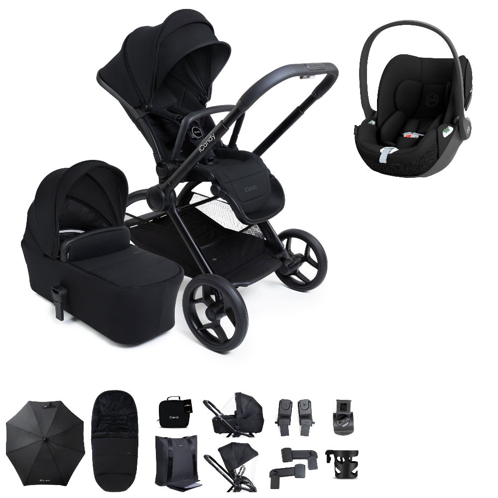 iCandy core 2 pushchair and accessory bundle in black colour way with cybex cloud t car seat.