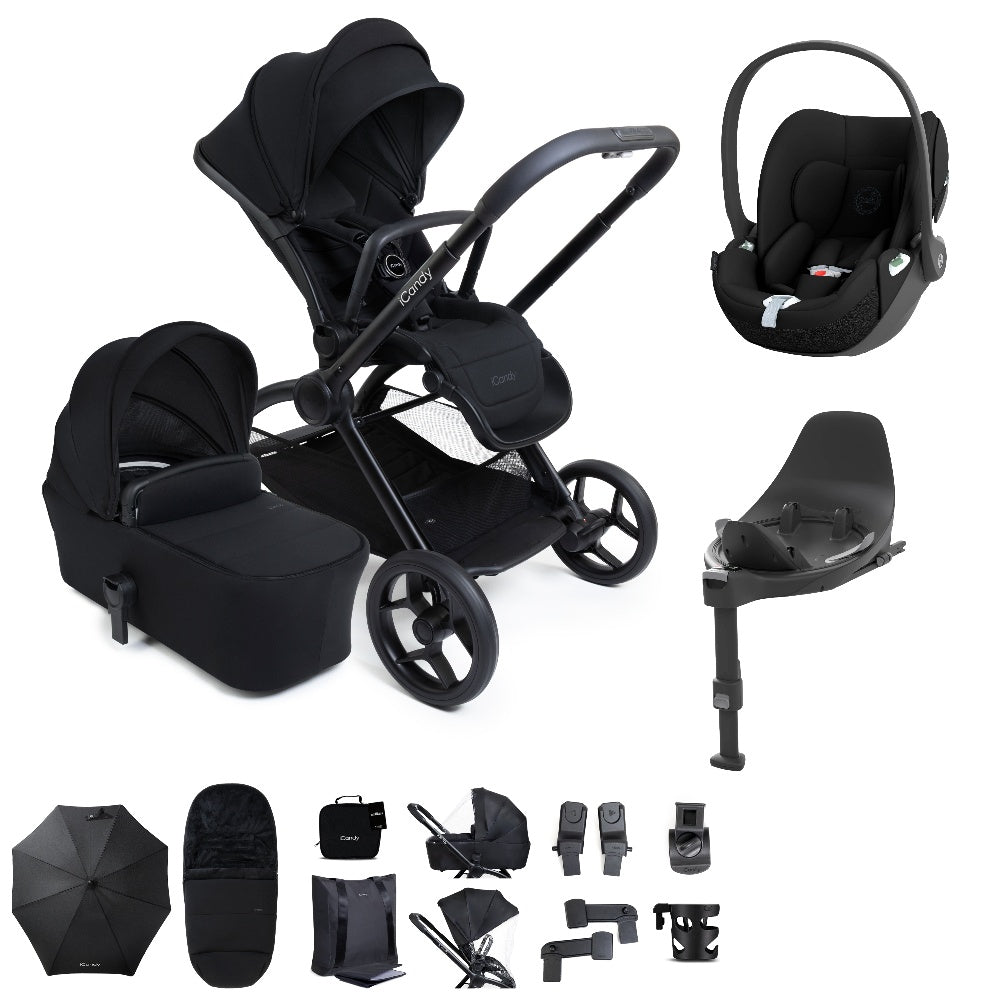 iCandy core 2 pushchair and accessory bundle in black colour way with cybex cloud t car seat and base.