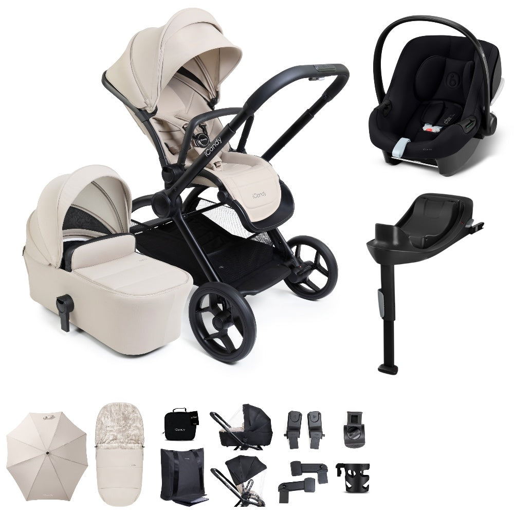 iCandy core 2 pushchair and accessory bundle in sandstone colour way with aton b2 car seat and base.