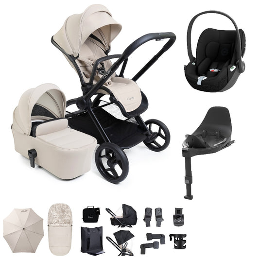iCandy core 2 pushchair and accessory bundle in sandstone colour way with cybex cloud t car seat and base.