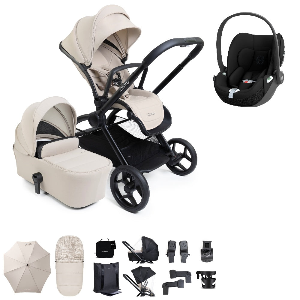 iCandy core 2 pushchair and accessory bundle in sandstone colour way with cybex cloud t car seat.