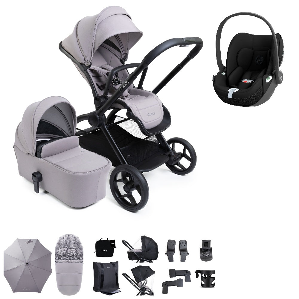 iCandy core 2 pushchair and accessory bundle in storm grey colour way with cybex cloud t car seat and base.