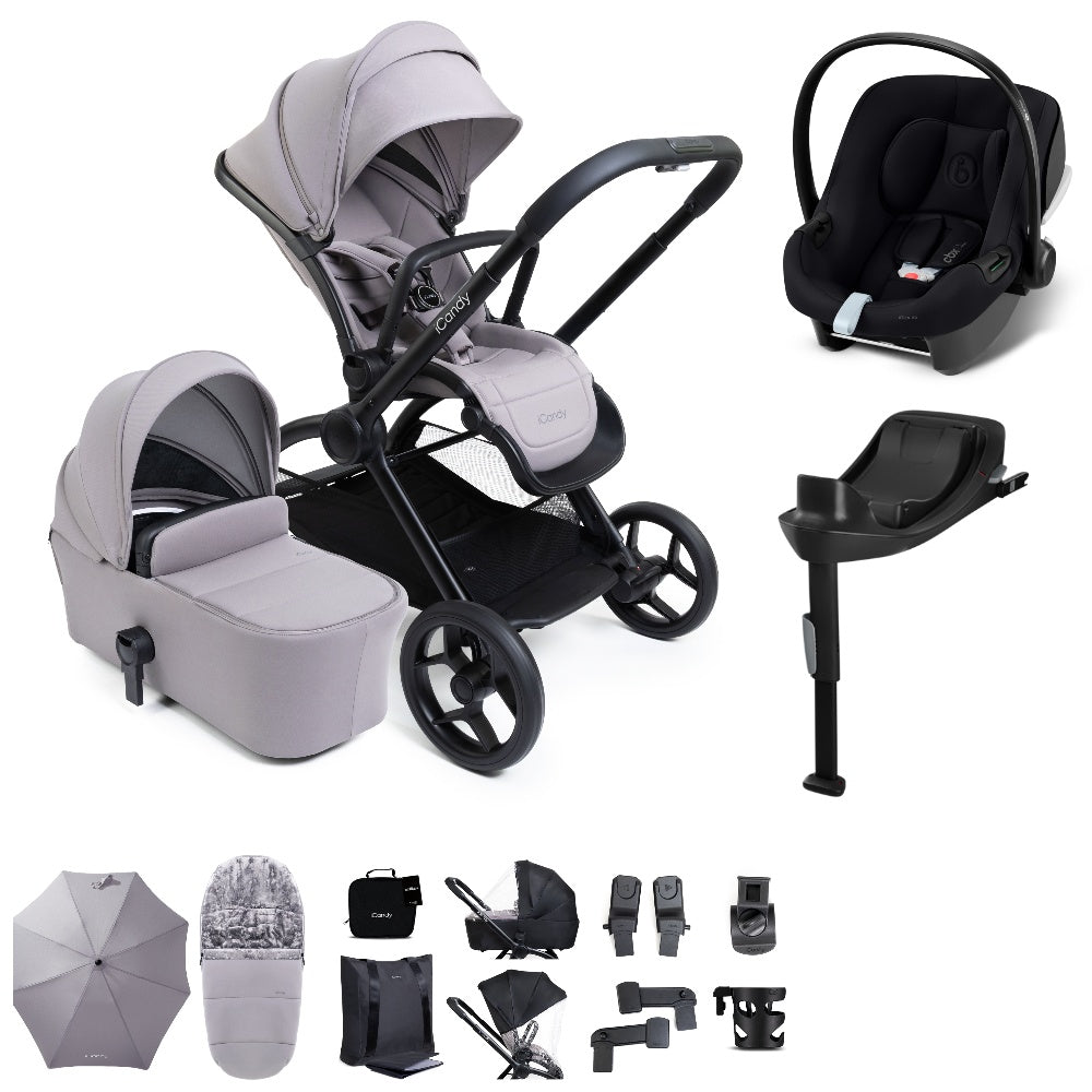 iCandy core 2 pushchair and accessory bundle in storm grey colour way with aton b2 car seat and base.