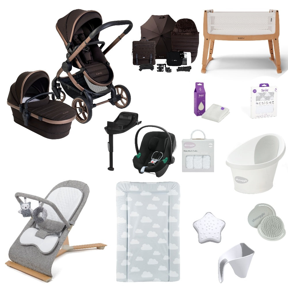 iCandy Peach 7 Pushchair & carrycot in Pecan with accessories, complete with all babies essential including car seat, crib, bath and bath time accessories.