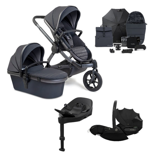iCandy Peach all terrain travel system in storm grey and matching accessories, complete with cybex cloud s car seat and isofix base.