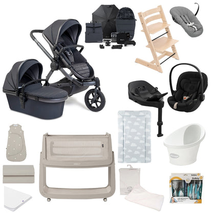 Icandy All Terrain Pushchair & carrycot in Storm Grey, complete with all babies essential including car seat, tripp trapp highchair, crib and bath.