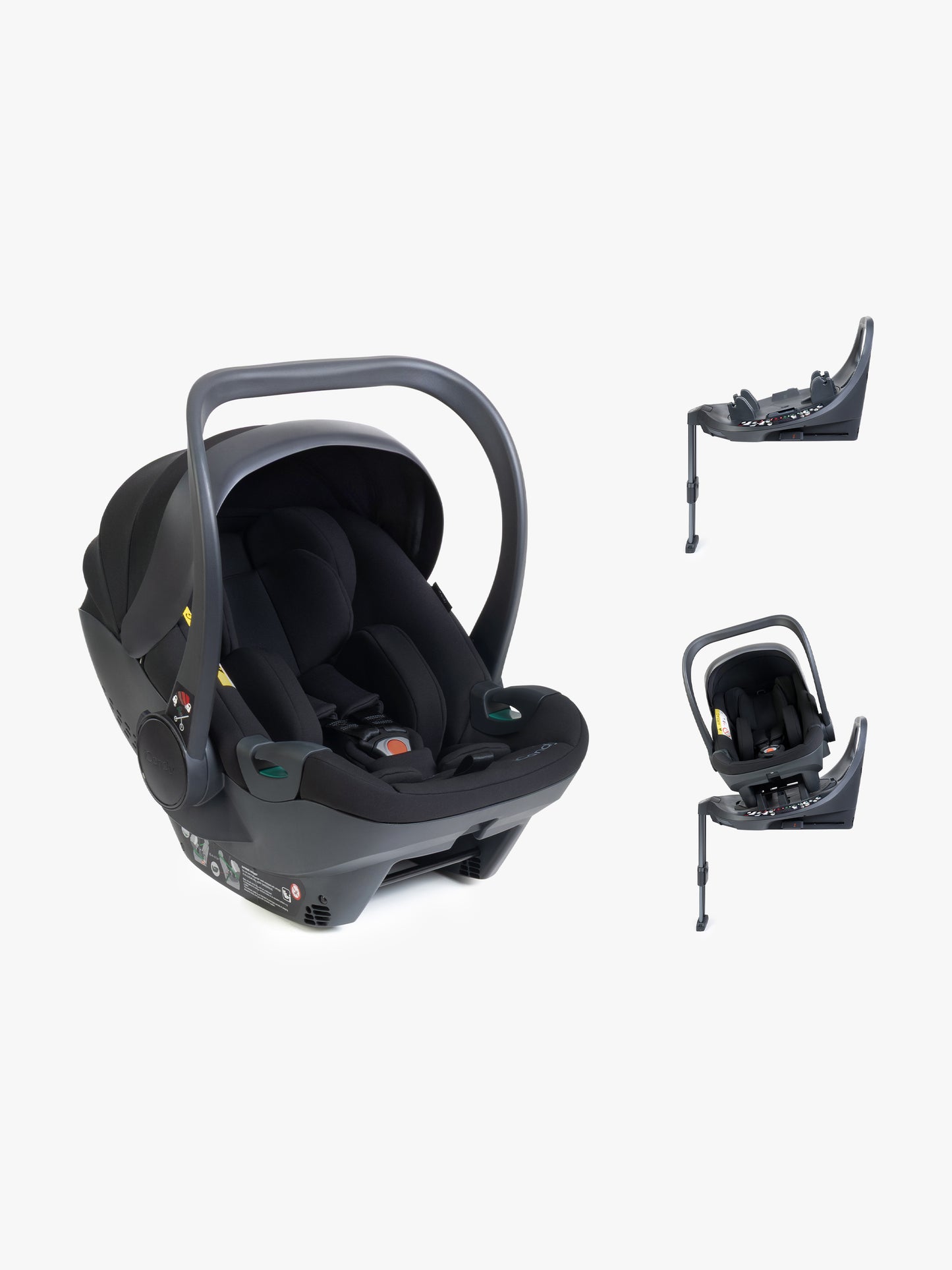 Black baby car seat with base and ISOFIX connector on a white background