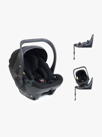 Black baby car seat with base and ISOFIX connector on a white background