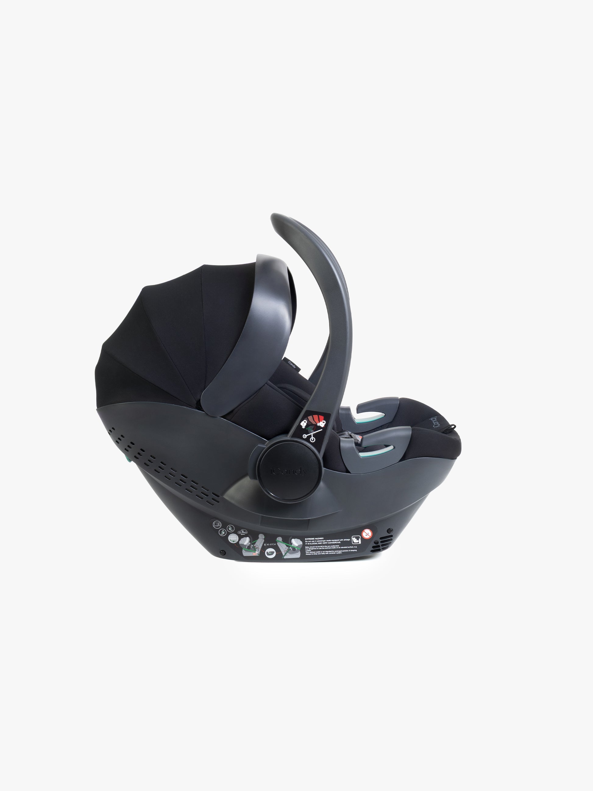 Black baby car seat with base and ISOFIX connector on a white background