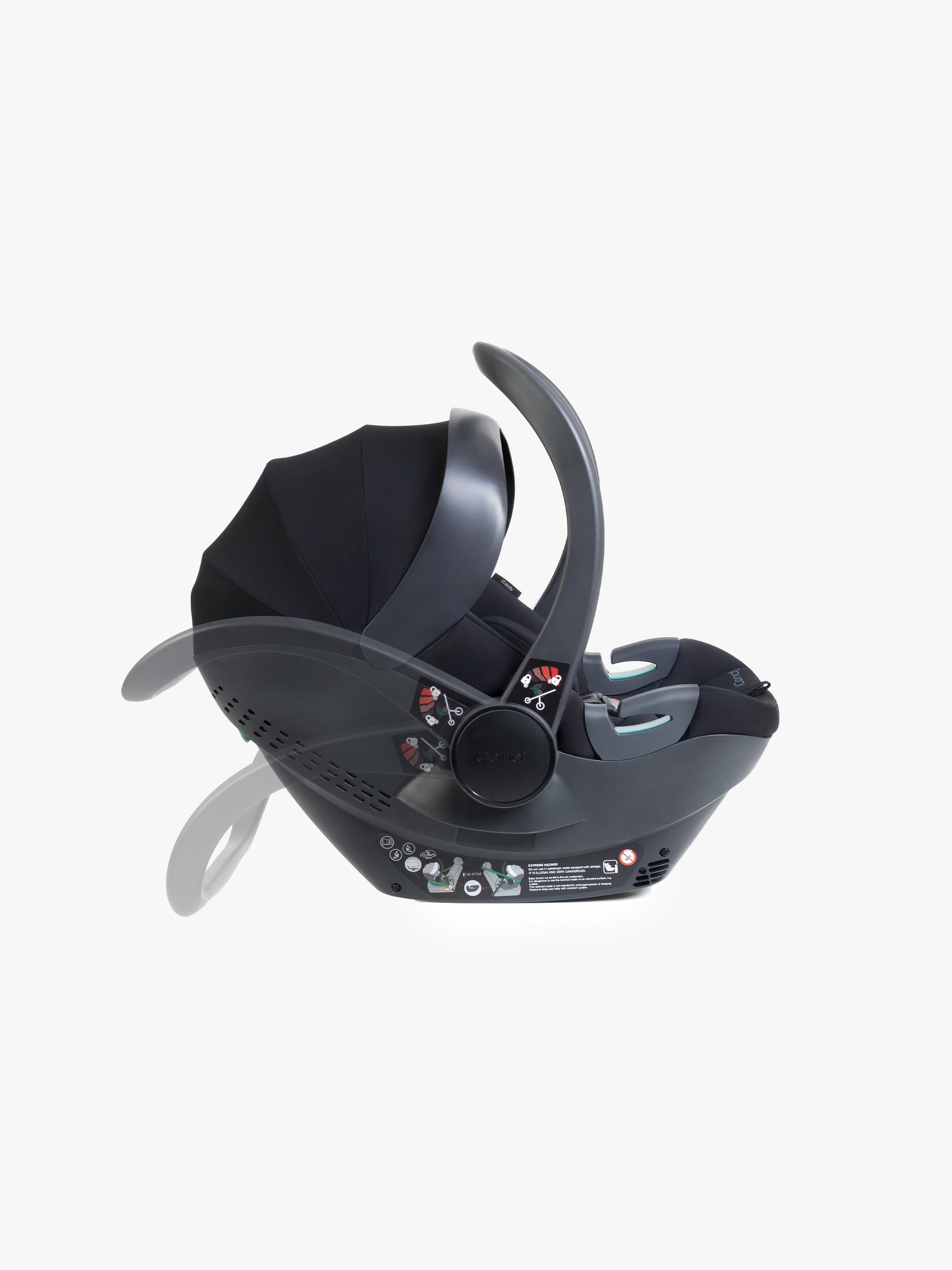 Black baby car seat with base and ISOFIX connector on a white background