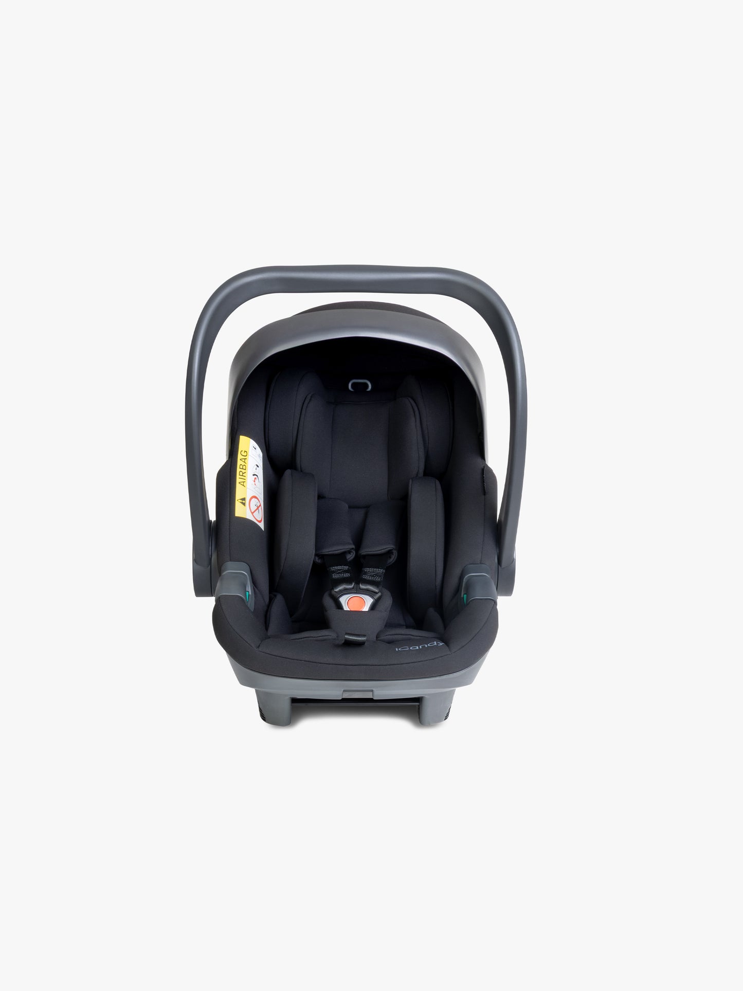 Black baby car seat with base and ISOFIX connector on a white background