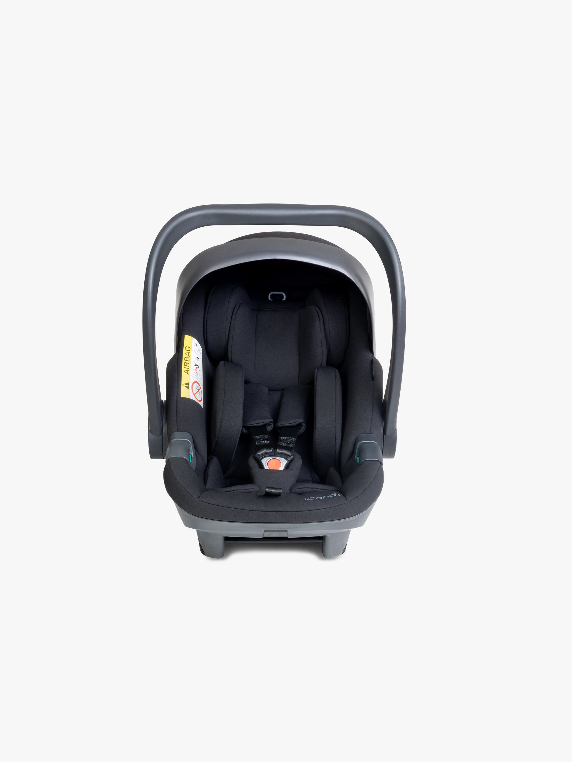Black baby car seat with base and ISOFIX connector on a white background
