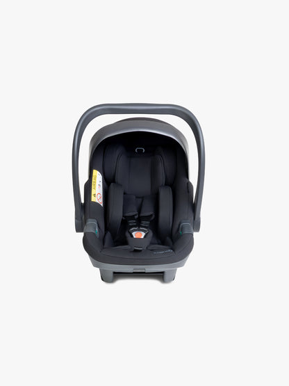 Black baby car seat with base and ISOFIX connector on a white background