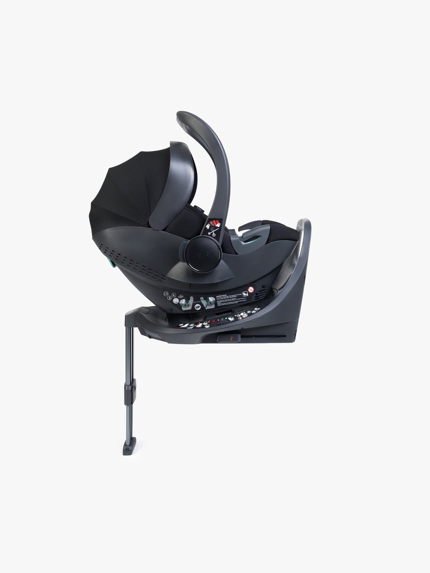 Black baby car seat with base and ISOFIX connector on a white background