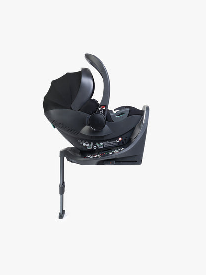 Black baby car seat with base and ISOFIX connector on a white background