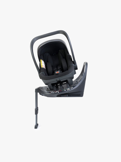 Black baby car seat with base and ISOFIX connector on a white background