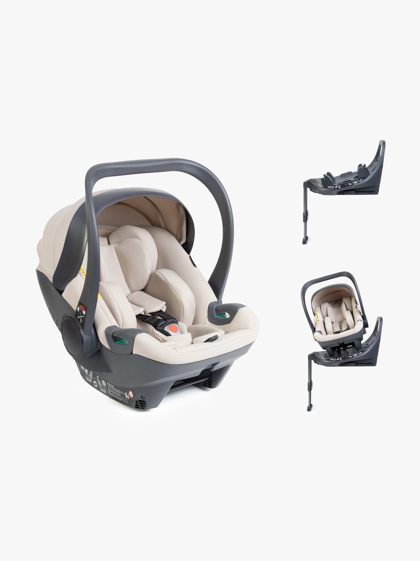 Beige baby car seat with base and ISOFIX connector on a white background