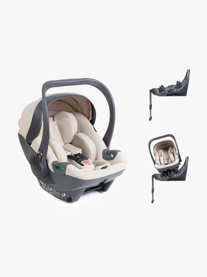 Beige baby car seat with base and ISOFIX connector on a white background