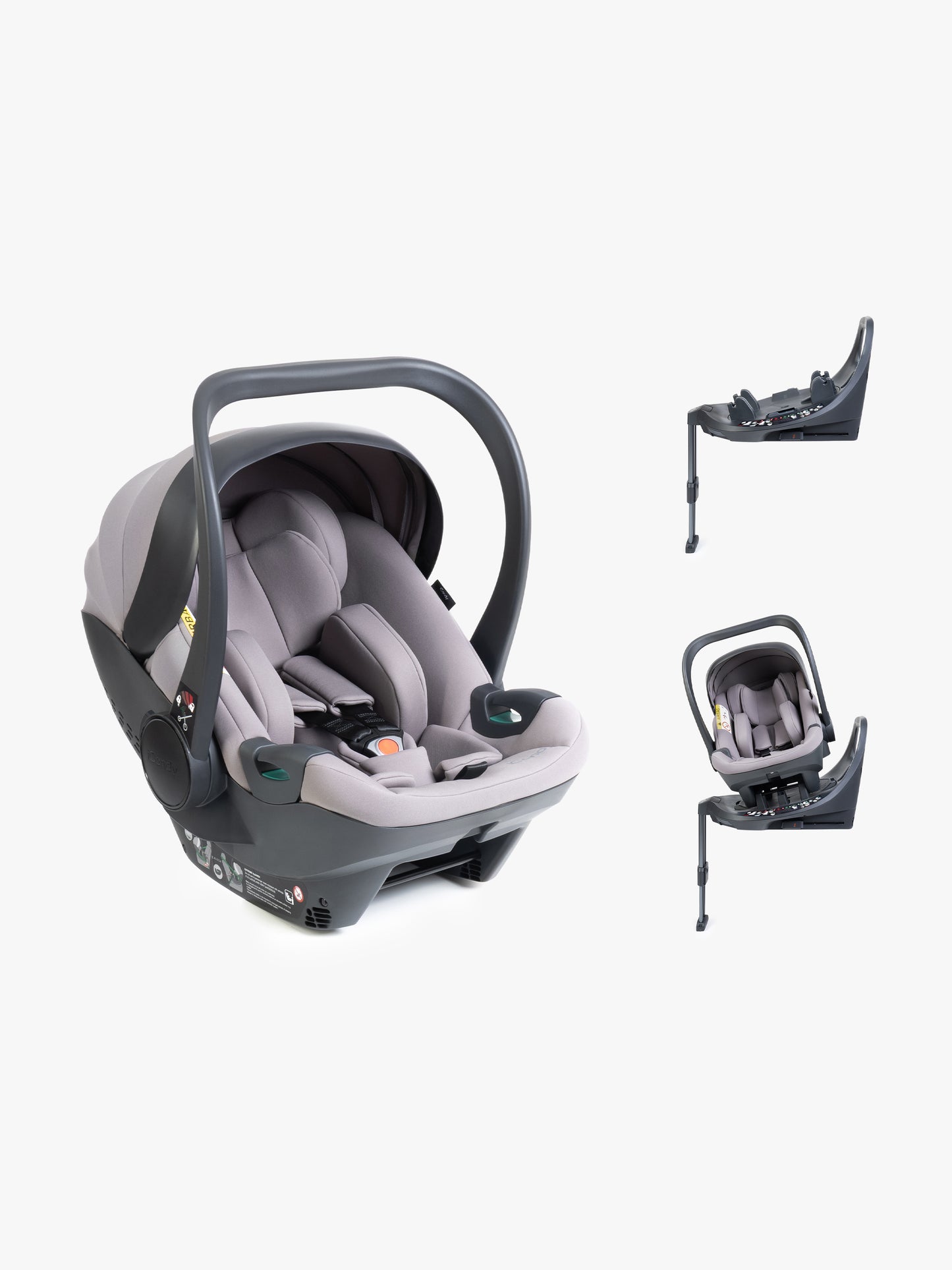 Grey baby car seat with base and ISOFIX connector on a white background