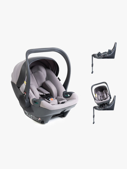 Grey baby car seat with base and ISOFIX connector on a white background