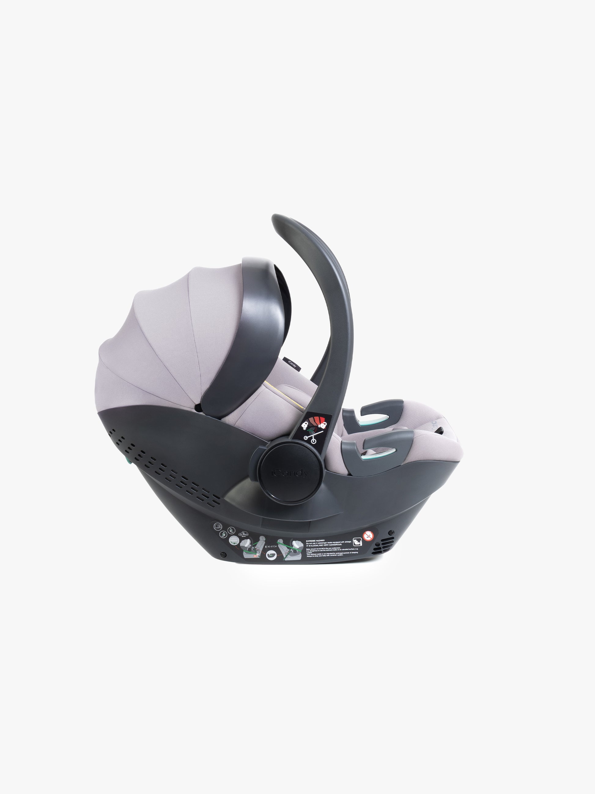 Grey baby car seat with base and ISOFIX connector on a white background