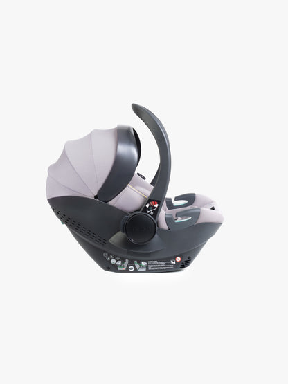 Grey baby car seat with base and ISOFIX connector on a white background