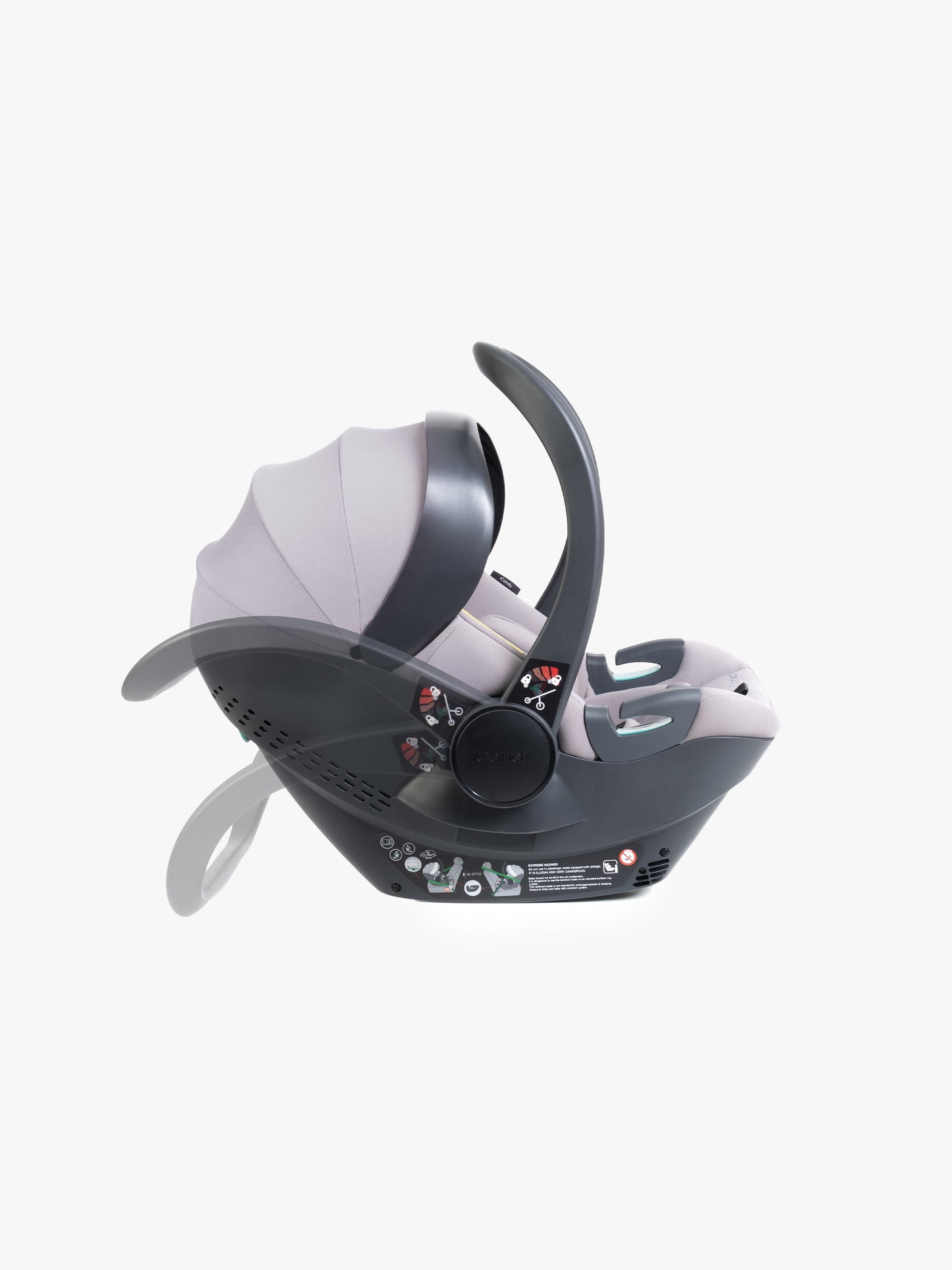 Grey baby car seat with base and ISOFIX connector on a white background