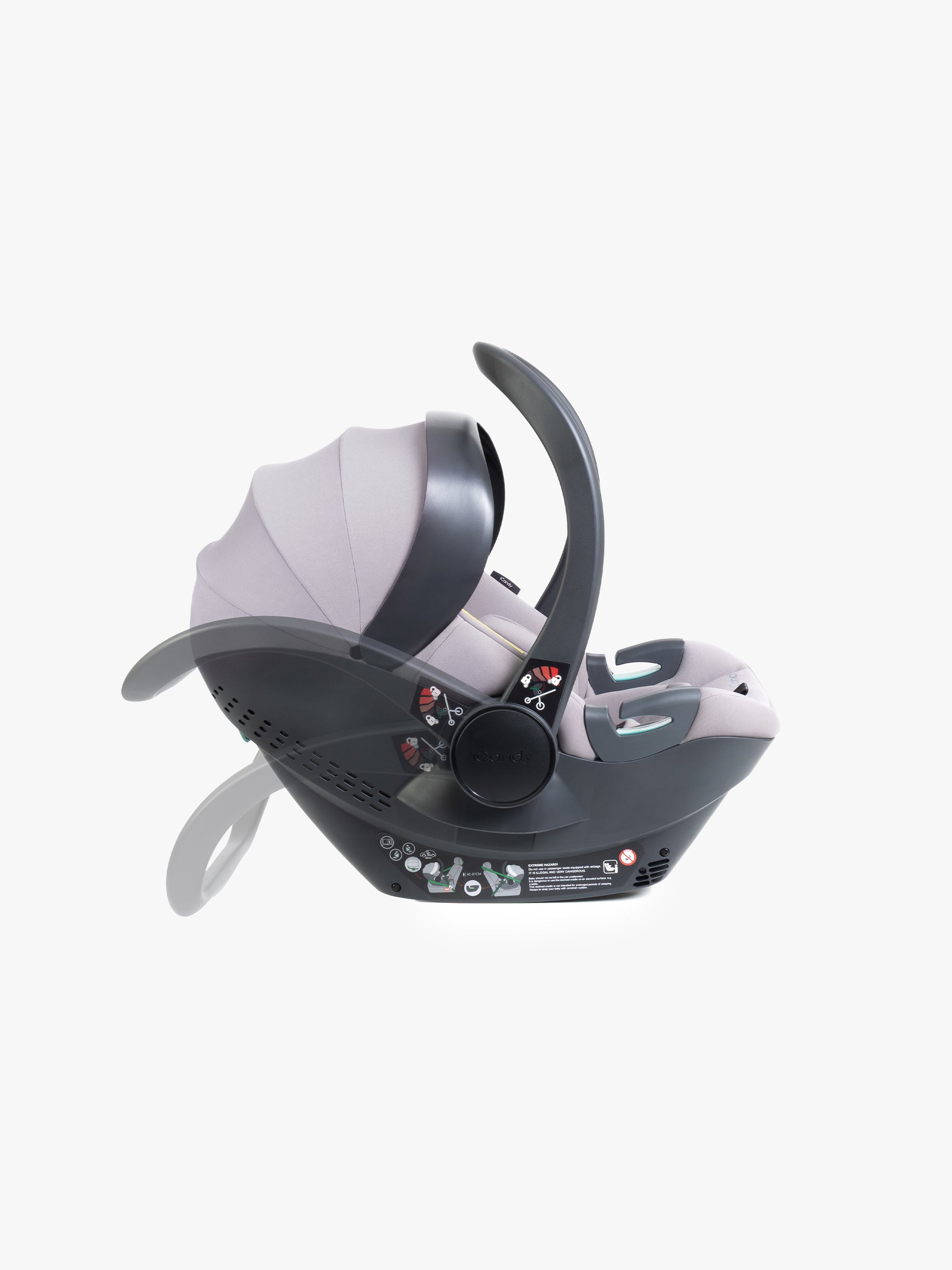 Grey baby car seat with base and ISOFIX connector on a white background