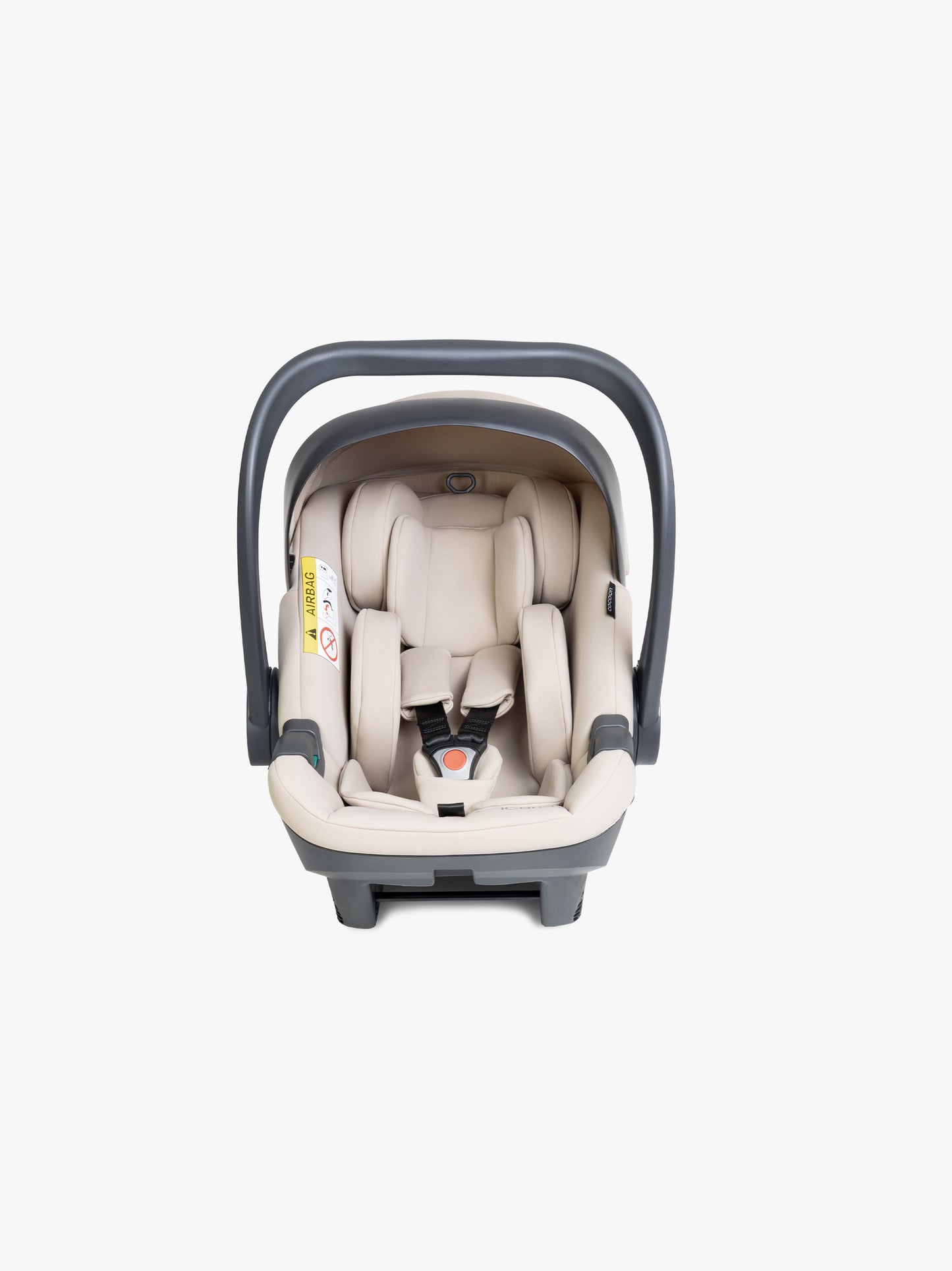 Beige baby car seat with base and ISOFIX connector on a white background